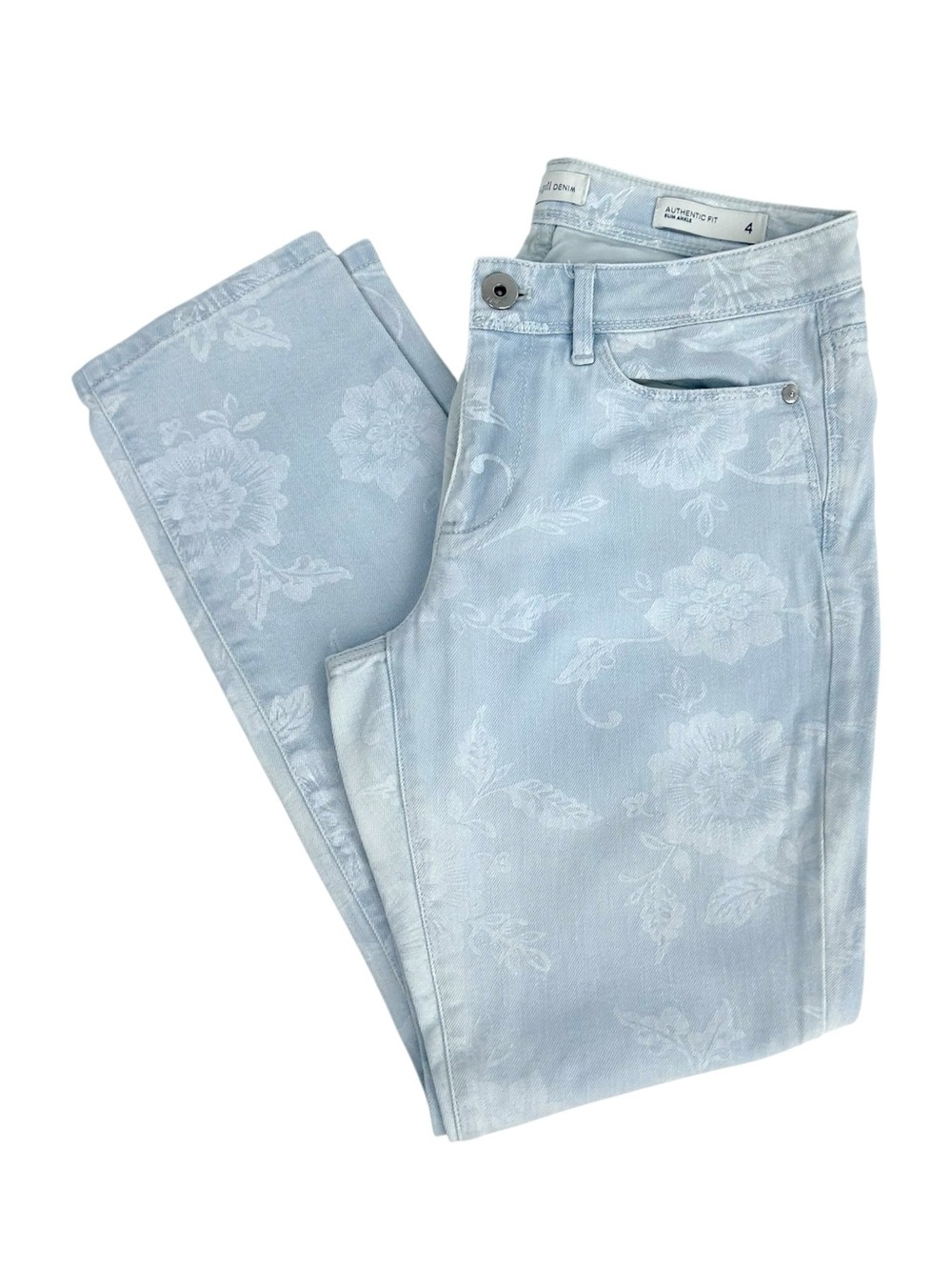J Jill Denim Authentic Fit Slim Ankle Jeans Sz 4 Light Wash Floral Print Stretch